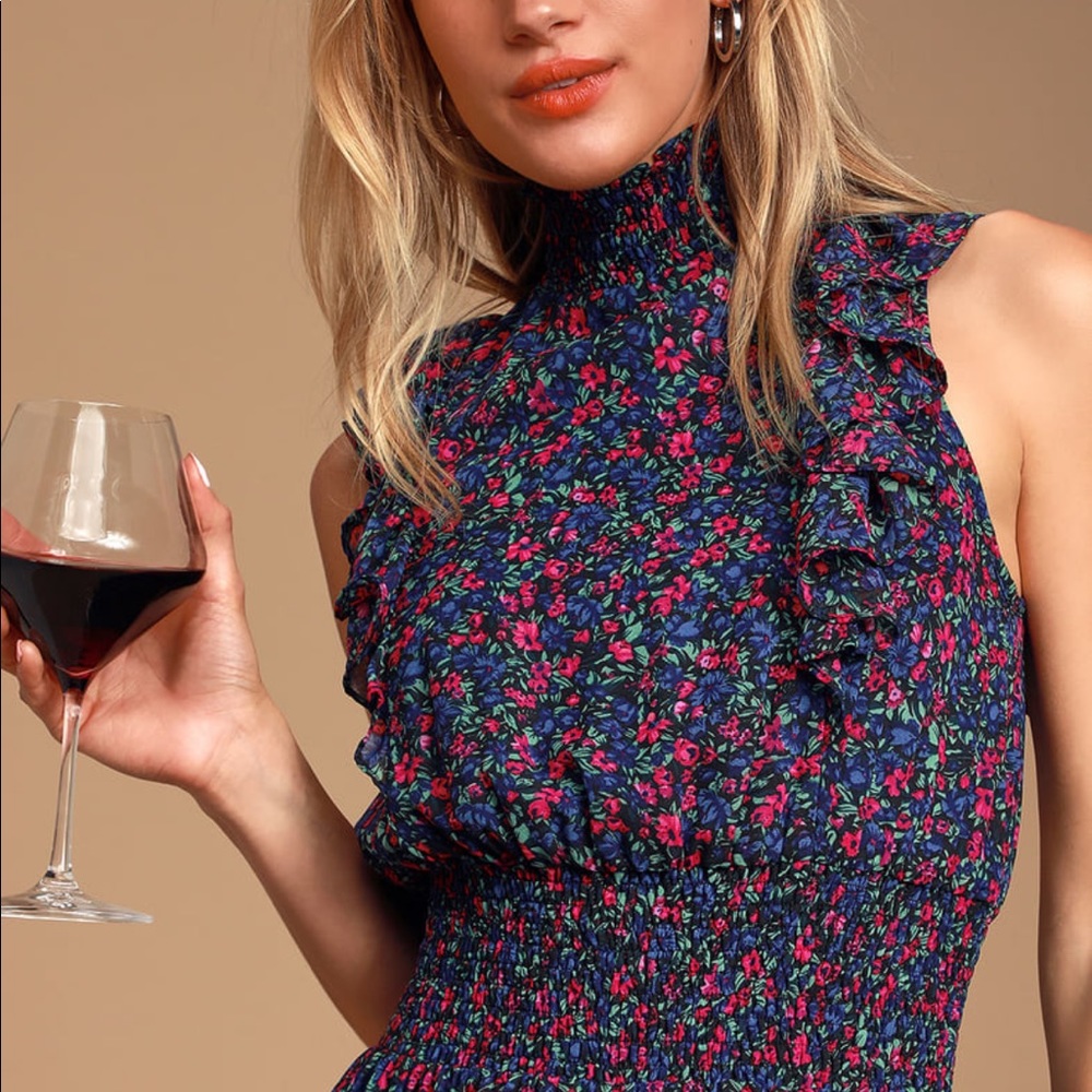 Lulus Evalina navy blue floral print mock neck midi dress XL